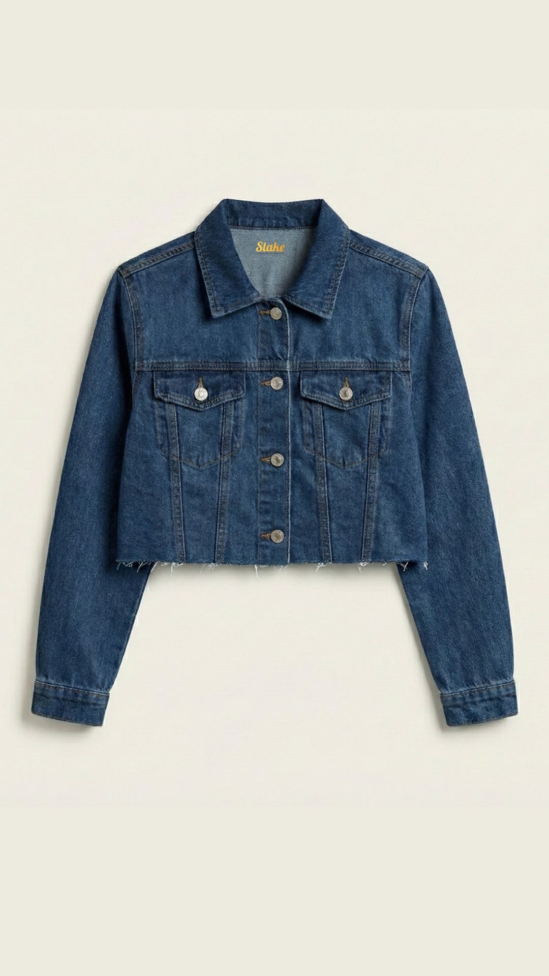 Cropped Ripped Dark Blue Premium Denim Jacket