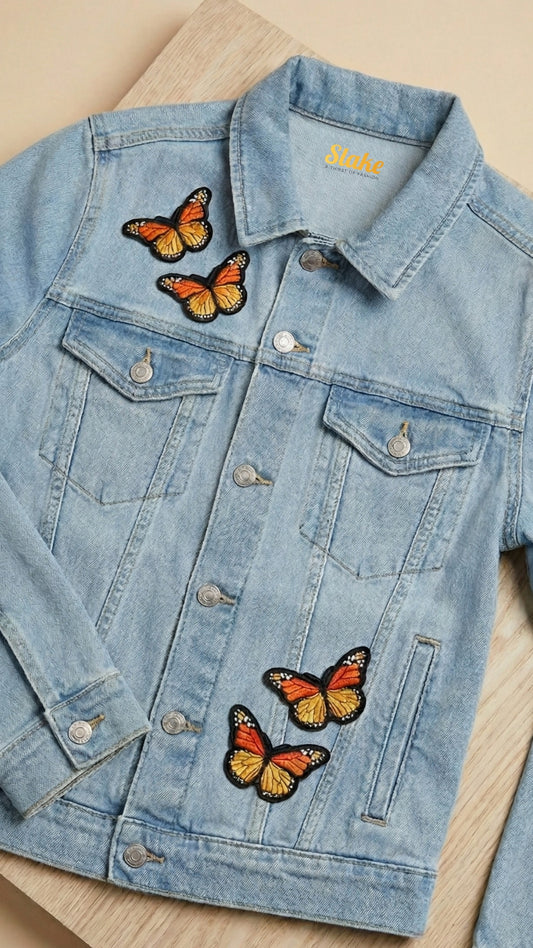ButterFly Stitched Ice Blue Premium Denim Jacket