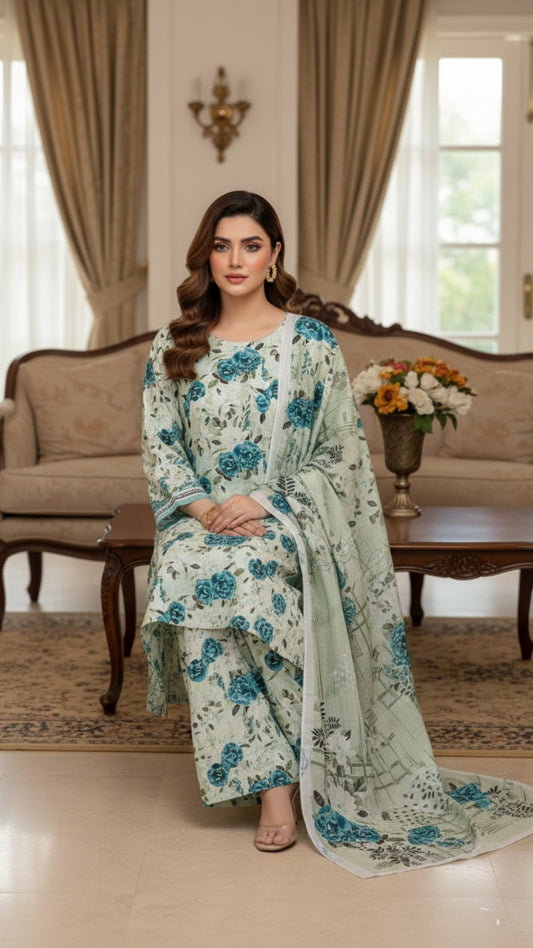 Blue Rose Mint Printed Unstitched Lawn 3 Piece