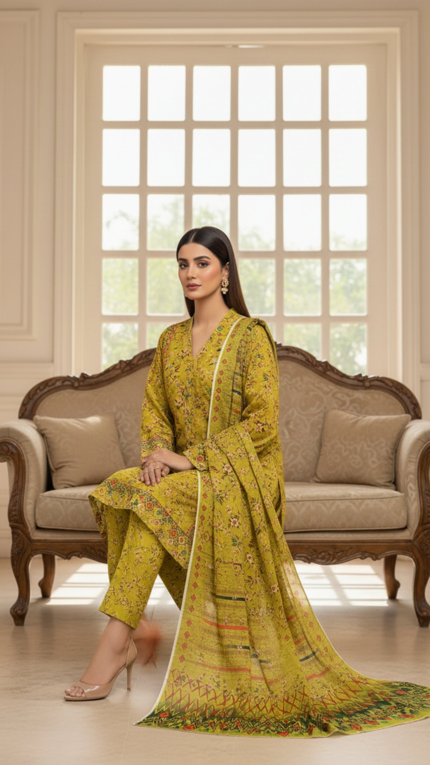 Green Petal Printed Unstitched Lawn 3 Piece