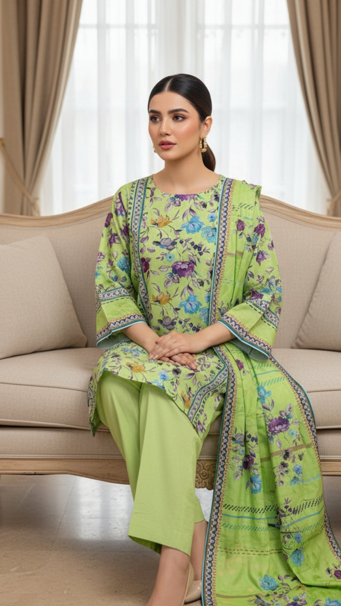 Lime Green Floral Printed Unstitched Lawn 3 Piece