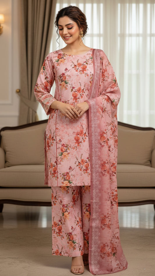 Blush Pink Printed Unstitched Lawn 3 Piece