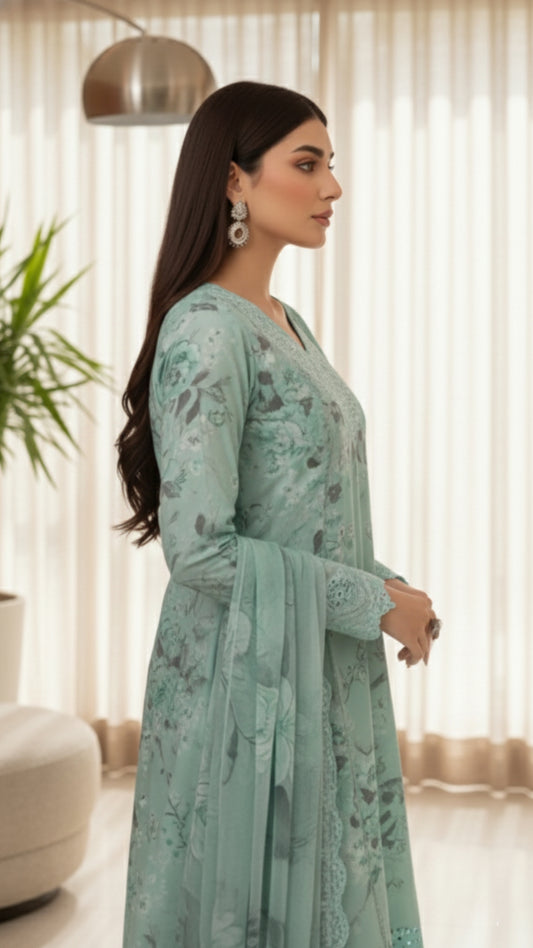 Aqua Chikankari Embroided Unstitched Lawn 3 Piece