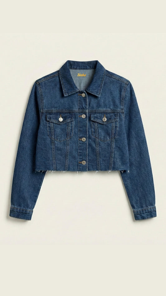 Cropped Ripped Dark Blue Premium Denim Jacket