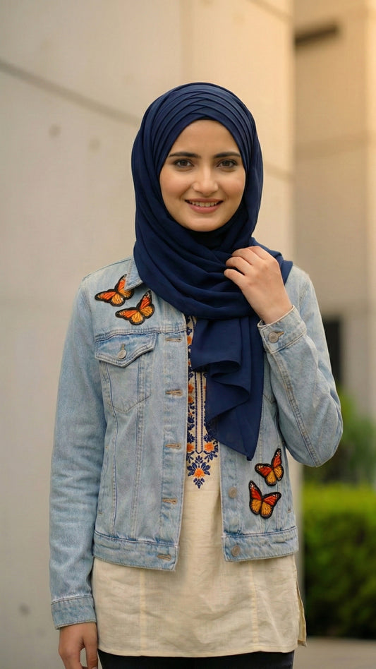 ButterFly Stitched Ice Blue Premium Denim Jacket