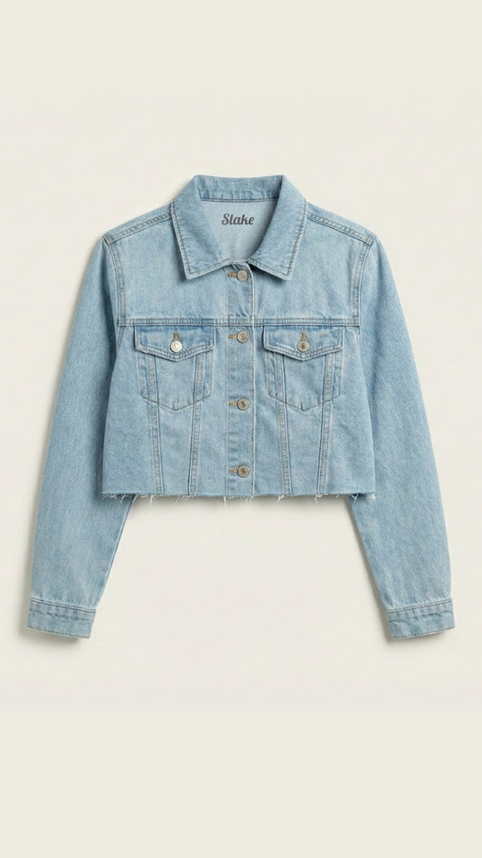 Cropped Ripped Ice Blue Premium Denim Jacket