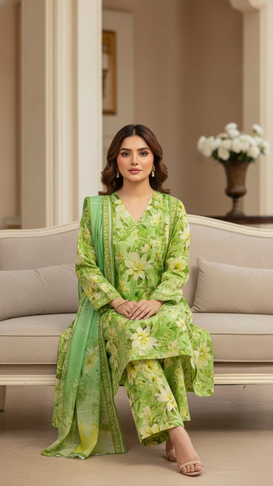 Fresh Mint Green Printed Unstitched Lawn 3 Piece