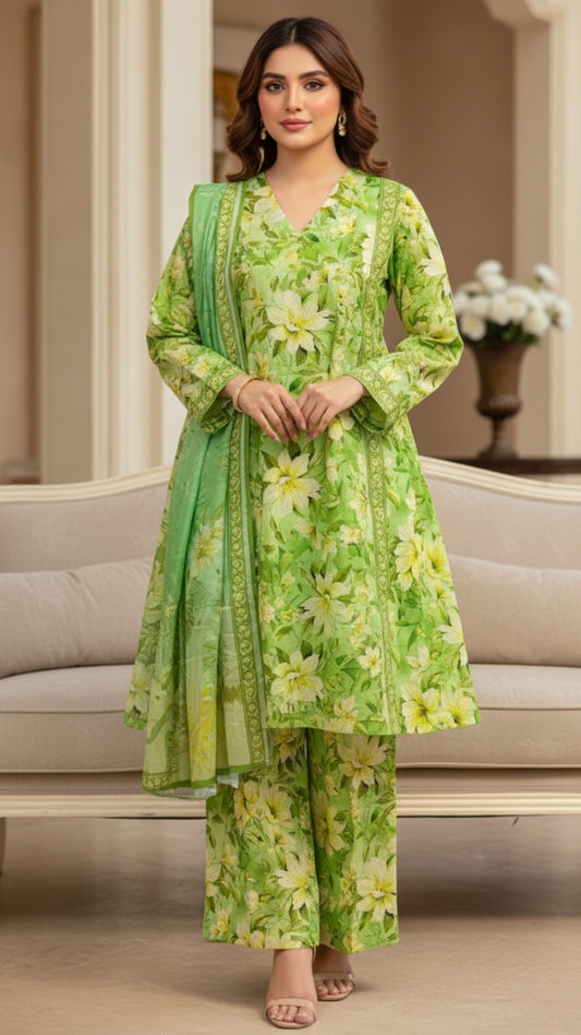Fresh Mint Green Printed Unstitched Lawn 3 Piece
