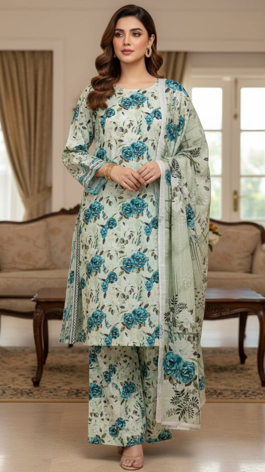 Blue Rose Mint Printed Unstitched Lawn 3 Piece