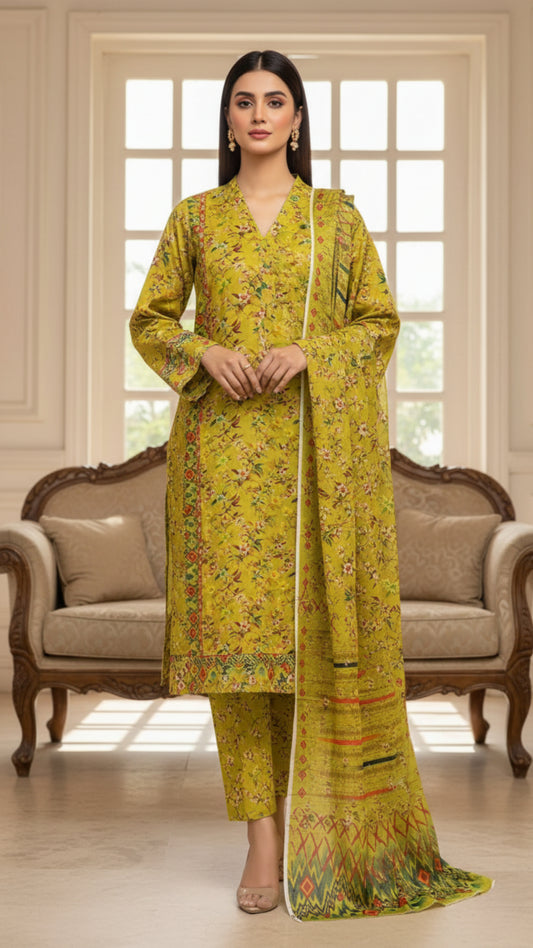 Green Petal Printed Unstitched Lawn 3 Piece