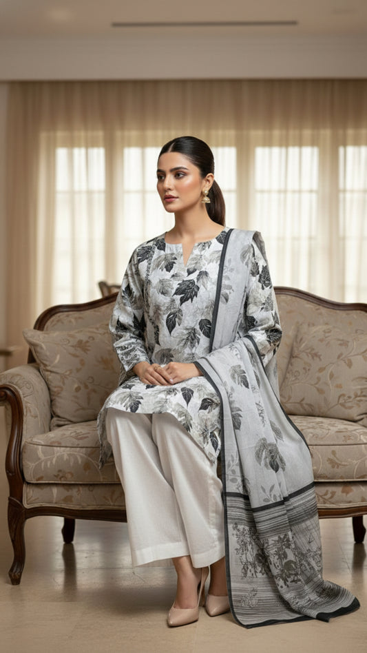 Elegant Ash Grey Printed Unstitched Lawn 3 Piece