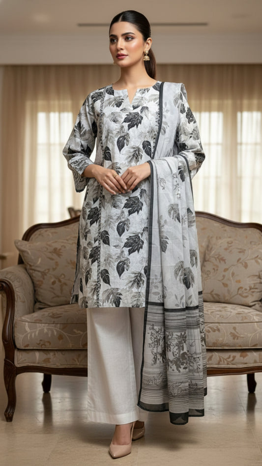 Elegant Ash Grey Printed Unstitched Lawn 3 Piece