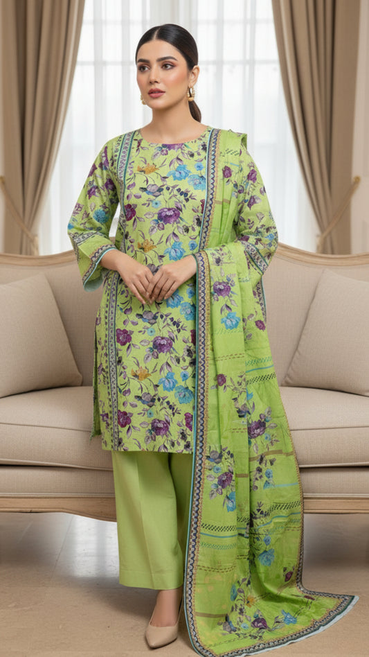 Lime Green Floral Printed Unstitched Lawn 3 Piece