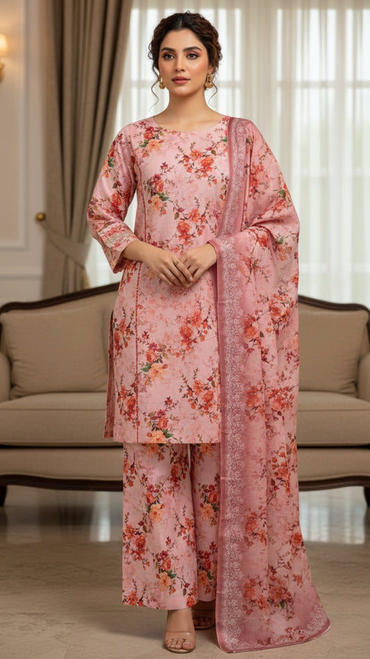 Blush Pink Printed Unstitched Lawn 3 Piece