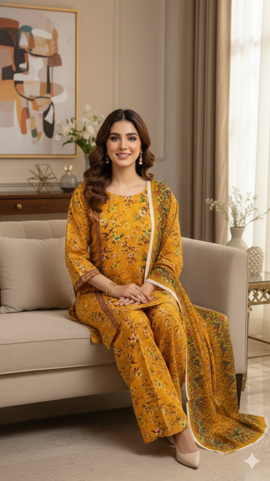 Mustard Blossom Printed Unstitched Lawn 3 Piece