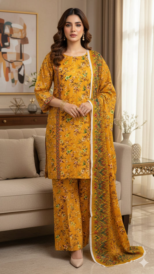 Mustard Blossom Printed Unstitched Lawn 3 Piece