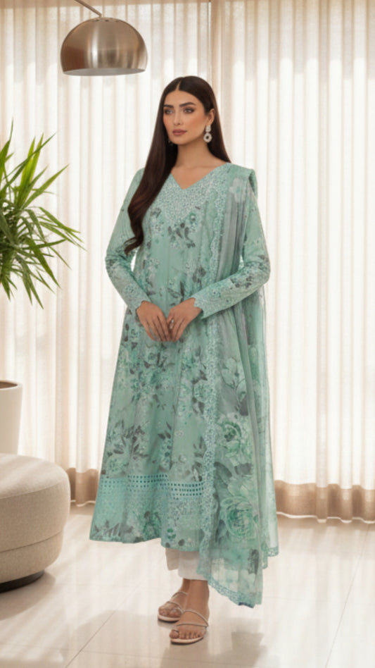 Aqua Chikankari Embroided Unstitched Lawn 3 Piece