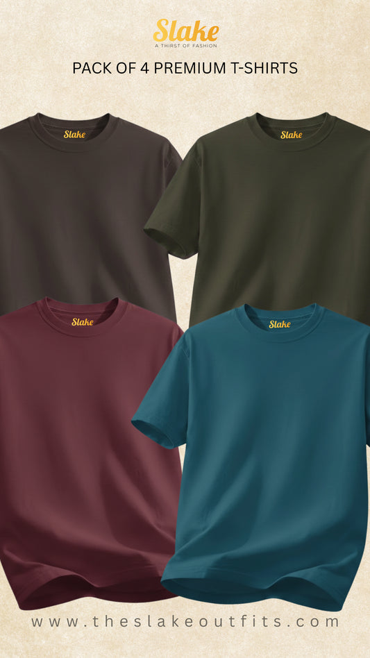 Pack of 4 Premium T-Shirts - Brown, Olive Green, Maroon & Petroleum Blue