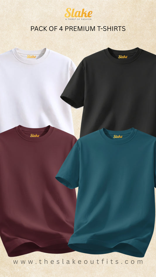 Pack of 4 Premium T-Shirts - White, Black, Maroon & Petroleum Blue
